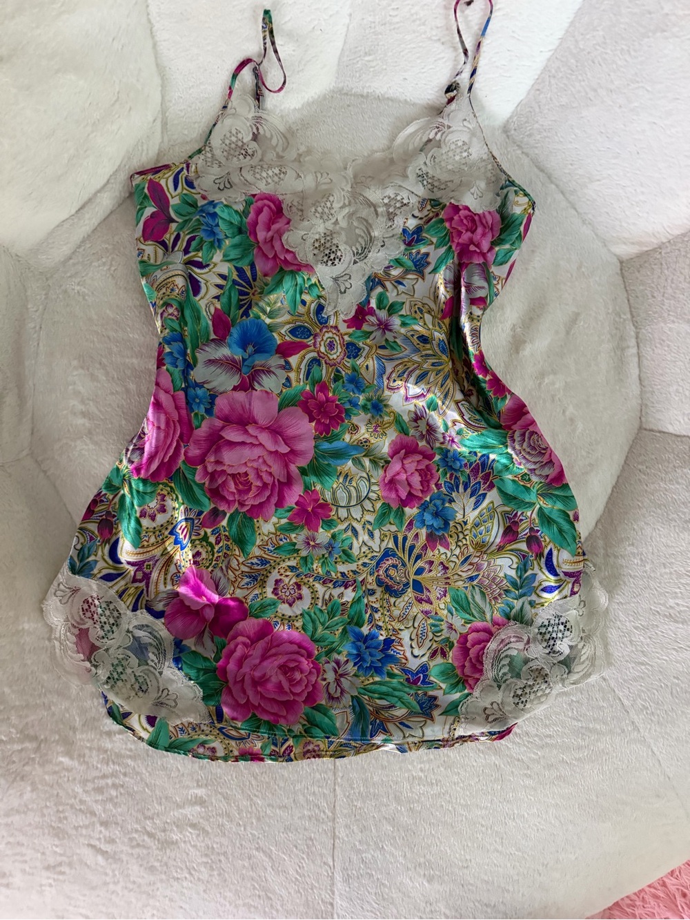 Colorful floral Victoria's Secret Lace short slip dress white pink blue green S